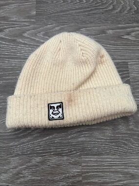 Obey Cream Knit Beanie with Logo Patch
